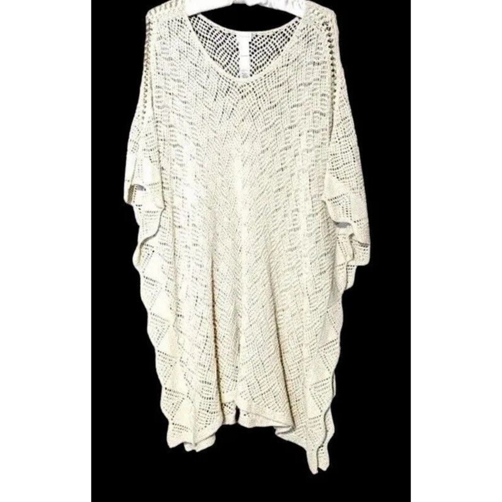 Chico's Cathy Crochet Poncho Beige Gold Flecks Shimmer Chain Accent Small/Medium